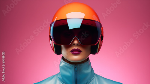  A woman in a helmet looking towards the camera.