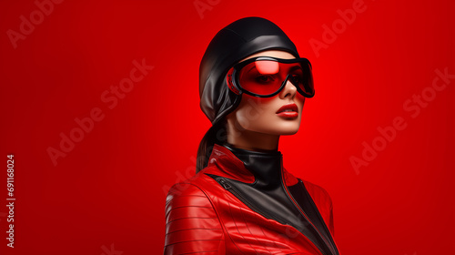 A woman in a red leather jacket and goggles on a red background. © Positive Click