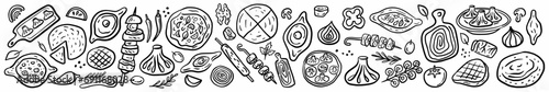 Horizontal vector collection of traditional Georgian cuisine dishes: shashlik, khinkali, khachapuri, wine, flatbreads. The illustration is hand drawn in doodle style.