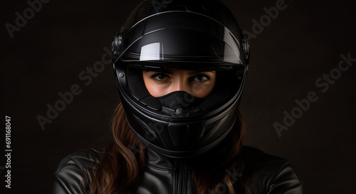 A girl in a leather jacket and a motorcycle helmet. © Positive Click