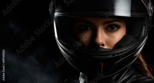 A biker girl wearing a helmet on a black background.