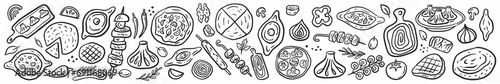 Fototapeta Naklejka Na Ścianę i Meble -  Horizontal vector collection of traditional Georgian cuisine dishes: shashlik, khinkali, khachapuri, wine, flatbreads. The illustration is hand drawn in doodle style.	
