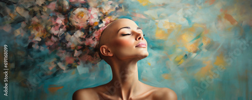A bald woman with naked shoulders after cancer chemotherapy on colorful painted background. Symbol of mental health day. World Cancer Day Banner Featuring a Radiant Survivor's Smile