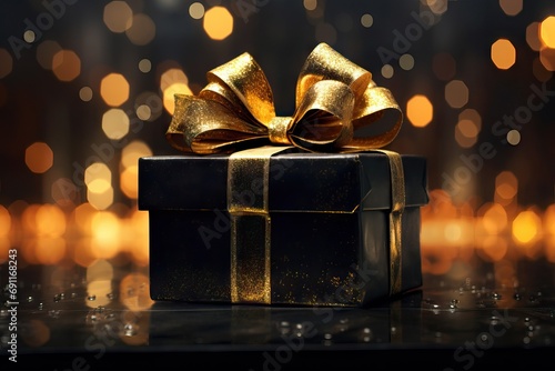 Stylish black gift box with golden ribbon bow and confetti on dark background with lights and sparkles. Valentine, Christmas, New Year, birthday or holiday banner with copy space