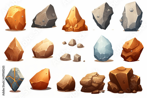 Game assets of rock ore piles 3d cartoon clipart isolated on white transparent background
