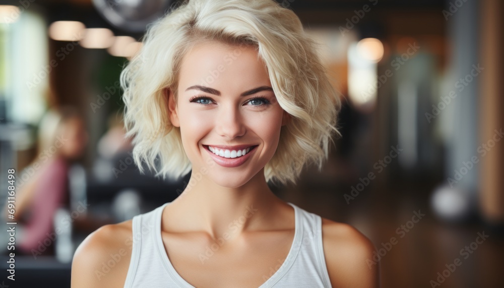 Caucasian woman exercising in fitness club, resting after workout on treadmill in gym Caucasian woman exercising in fitness club, resting after workout on treadmill in gym