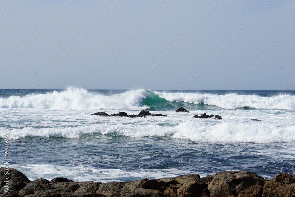 Fototapeta premium Big waves in El Cotillo, Atlantic ocean, Fuertventura, Canary Islands, November 2023, Sony a6000
