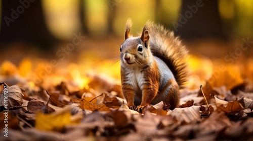 A cute squirrel is playing with dried maple leaves in a park during the daytime. © Elchin Abilov