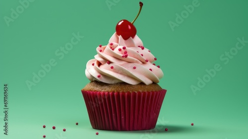  a cupcake with a cherry on top with sprinkles on a green background with a cherry on the top of the cupcake and a cherry on the top of the cupcake.