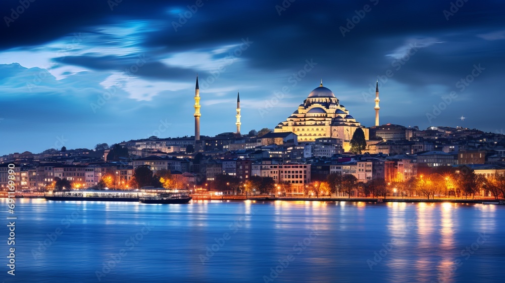 During the nighttime in istanbul, there is a stunning view of the sea sky and city lights. During the nighttime in istanbul, there is a stunning view of the sea sky and city lights.