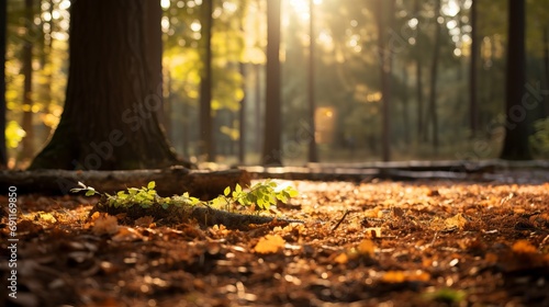 During the autumn, a forest filled with trees and dry leaves surrounds the ground.