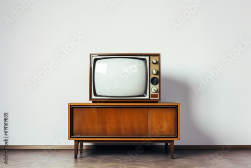 Antique television, on vintage furniture and white background