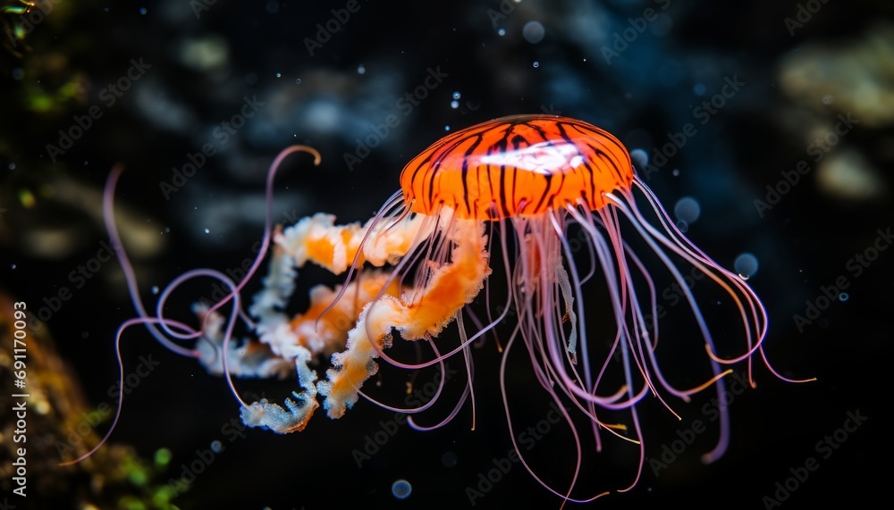 Obraz premium Stunning orange bell jellyfish gracefully floating in the serene and translucent waters of the ocean