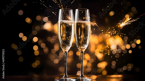 Sparkling Celebration: Two Glasses of Champagne against a Background Lit by Fireworks