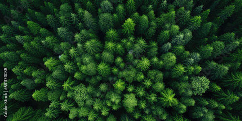 An aerial view of a vibrant and lush green forest, highlighting the natural beauty, textures, and patterns of the landscape during the summer season. © Andrii Zastrozhnov