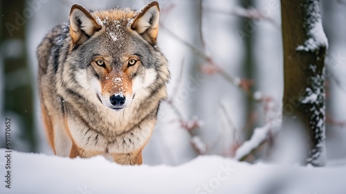 The european wolf can be seen in its white winter habitat in a beautiful winter forest with wild animals in the natural environment  and its scientific name is canis lupus lupus.