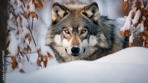 The european wolf can be seen in its white winter habitat in a beautiful winter forest with wild animals in the natural environment  and its scientific name is canis lupus lupus.