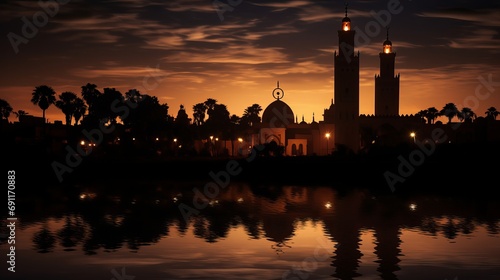 The kotoubia mosque is shining under the crescent moon during a nighttime visit to marrakesh, morocco. photo