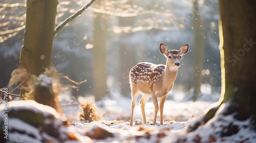 The winter forest is home to a group of female fallow deer