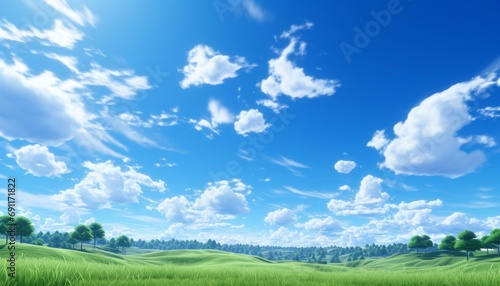 Captivating panorama of lush green fields under a serene blue sky with fluffy white clouds