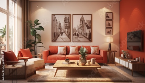 Stylish and contemporary living room interior with vibrant red tones and captivating wall art