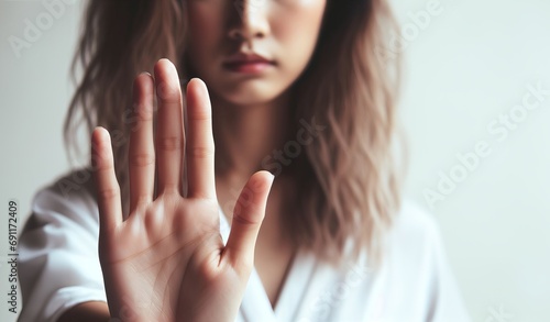 Close up focus woman show palm hand opposes racial or gender discrimination, make stop gesture, sign of protest, female against domestic violence, abortion, bullying at school, say no concept photo