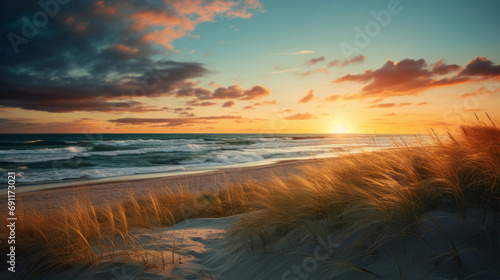 A Beautiful White Sand Beach on the Coastline at Sunset photo