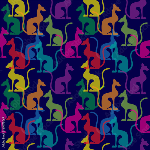 Colorful egyptian cats shape silhouette sitting. Bright vector illustration. Seamless pattern.