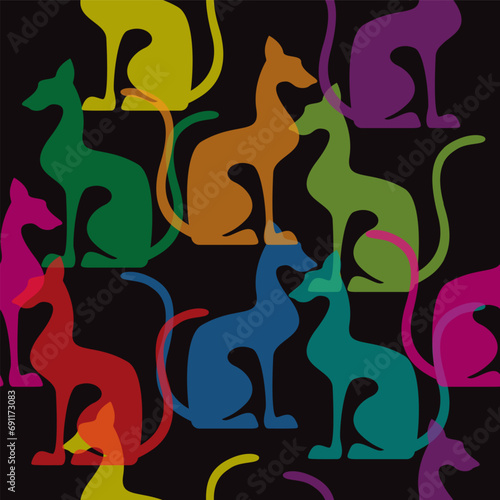 Colorful egyptian cats shape silhouette sitting. Bright vector illustration. Seamless pattern.