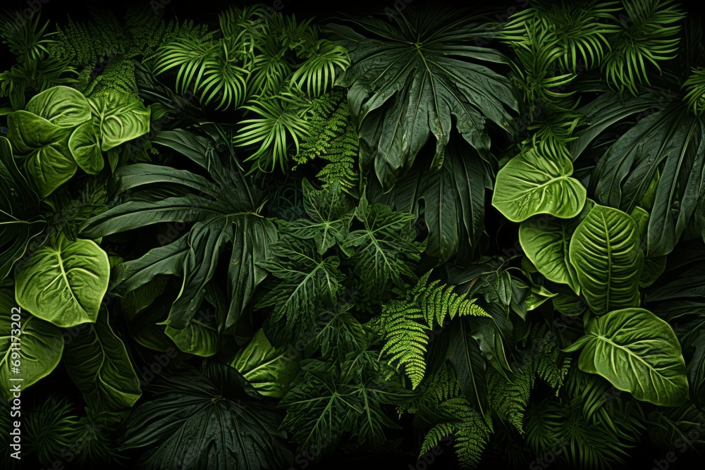 Captivating green tropical forest background with vibrant leaves in low light ambiance Captivating green tropical forest background with vibrant leaves in low light ambiance