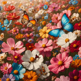 A field of colorful blooming flowers, with butterflies and bees pollinating amidst the blossoms