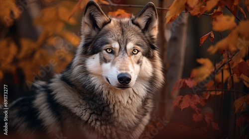 In the forest, there is a wolfdog with brown and white fur who is angry in the middle of red leaves near a thorny fence
