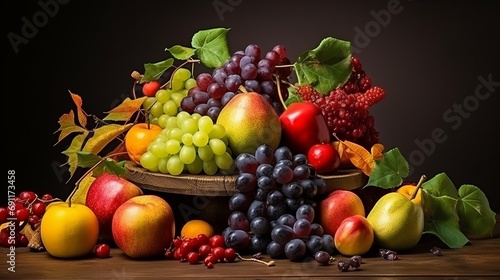 The arrangement of delicious autumn fruits includes space for copying.