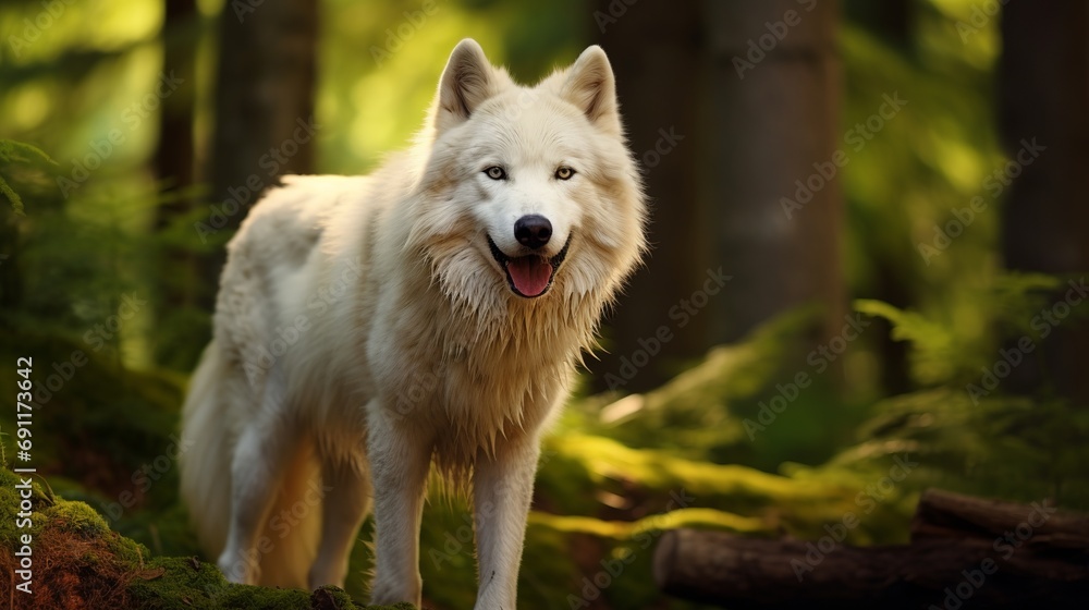 The forest is home to a beautiful white wolf The forest is home to a beautiful white wolf