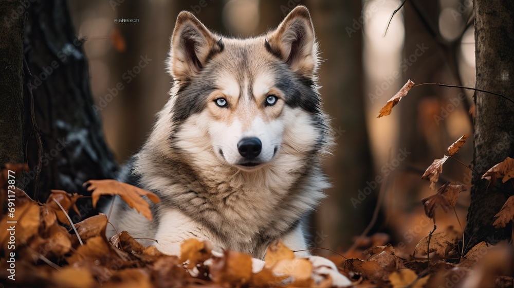 There is a wolfdog with brown and white fur that stares fiercely in the middle of leaves and tree branches.
