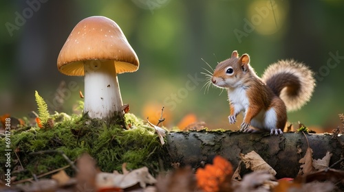 There is a squirrel standing next to two mushrooms.