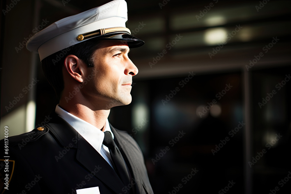 A mature navy officer in a uniform and captain's cap stands confidently, portraying a serious yet sunny demeanor. A mature navy officer in a uniform and captain's cap stands confidently, portraying a serious yet sunny demeanor.