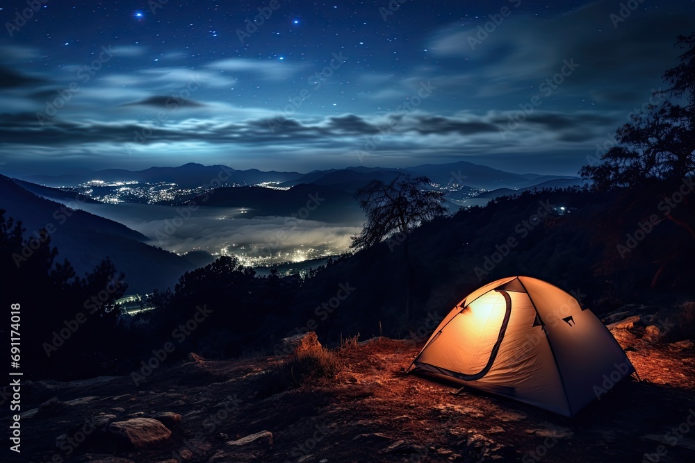 Under the starry night sky, a tent is illuminated in a forest, creating a serene camping scene.