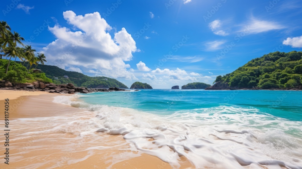 awe inspiring tropical beach with golden sunlight, powdery sand, and crystal clear ocean water
