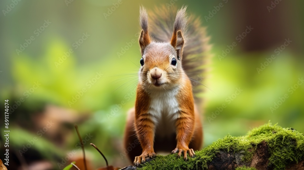 A blurry background is depicted with a brown squirrel standing. A blurry background is depicted with a brown squirrel standing.