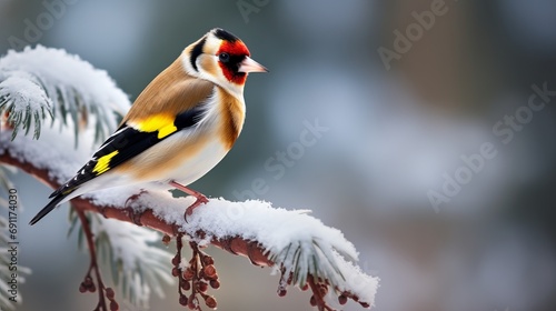 A beautiful goldfinch can be seen in winter through a close-up shot of a snowy branch