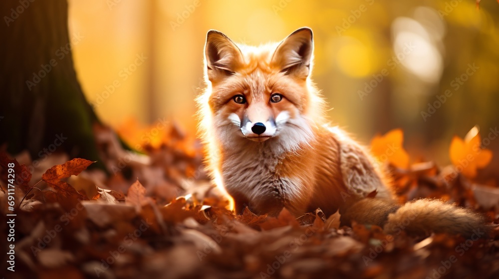 A close-up image shows a cute fox lying on the ground with fallen autumn leaves. A close-up image shows a cute fox lying on the ground with fallen autumn leaves.