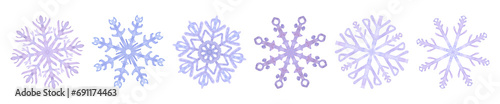 Snowflakes banner, blue lilac frost crystals. Symbol of winter, cold weather. New Year and Christmas holiday card. Hand drawn watercolor illustration isolated on white background.