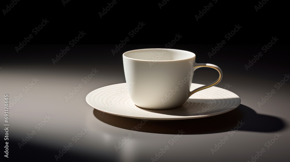 a white cup sitting on top of a saucer on top of a saucer on top of a white saucer on a black counter top of a table. a white cup sitting on top of a saucer on top of a saucer on top of a white saucer on a black counter top of a table.