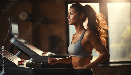 Unrecognizable caucasian woman exercising in fitness club, resting after treadmill workout in gym photo