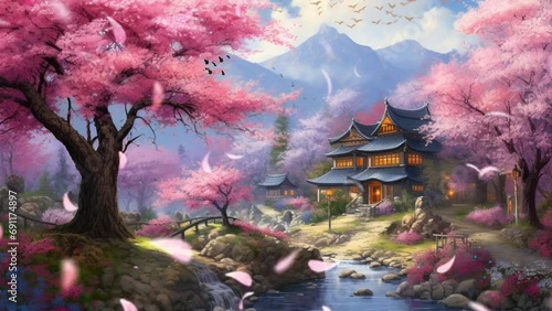 View of cherry blossom trees and traditional houses in spring. seamless looping time-lapse virtual video animation background. Generated with Al photo