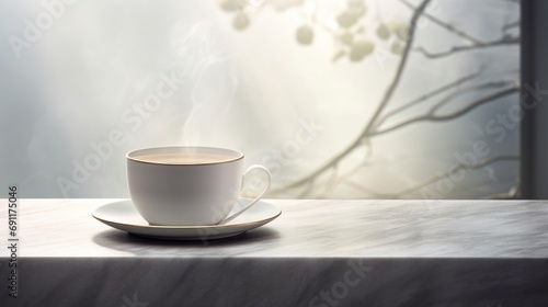  a cup of coffee sits on a saucer on a table in front of a window with the sun shining through the leaves of a tree branch in the background.