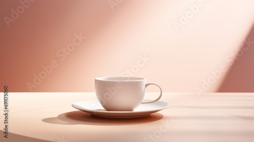  a white coffee cup sitting on top of a saucer on top of a wooden table next to a cup of coffee on top of a saucer on a saucer.