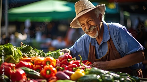 Smiling senior man in a straw hat selecting fresh vegetables at a sunny farmers market.