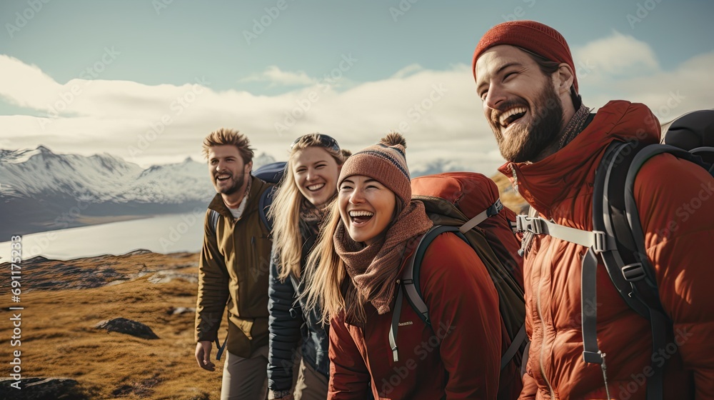 Group of happy hikers with backpacks enjoying a mountain view.
